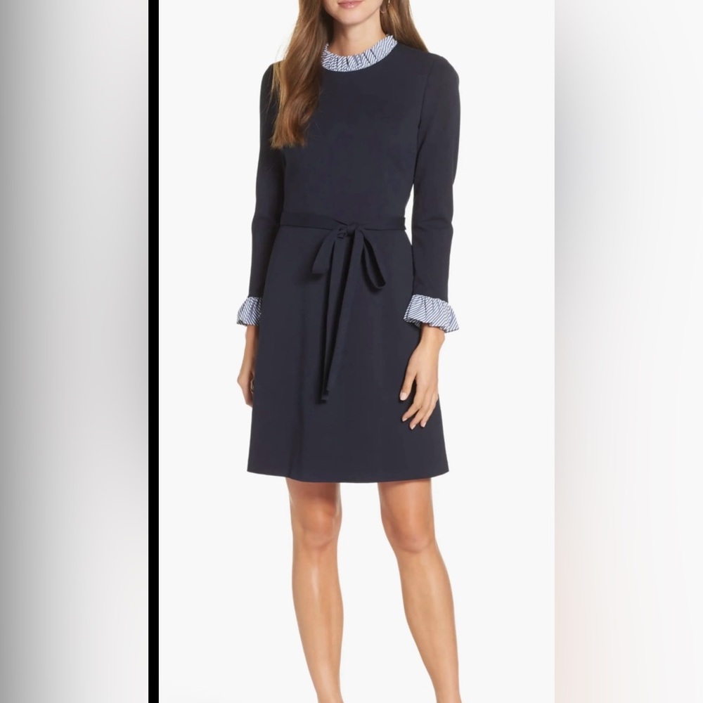 1901 Navy Dress Long Sleeve with Collared Striped Details and Red Scuba Zipper